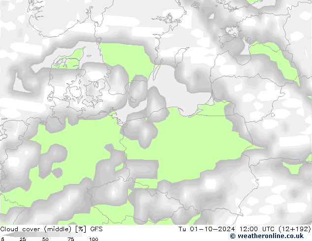 zachmurzenie (środk.) GFS wto. 01.10.2024 12 UTC