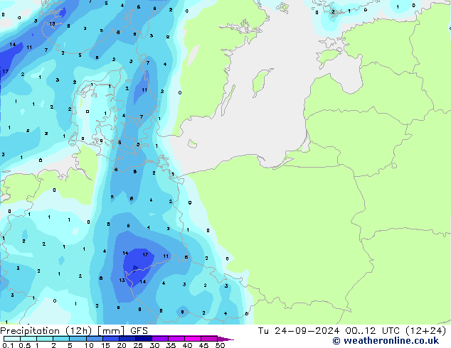 Totale neerslag (12h) GFS di 24.09.2024 12 UTC