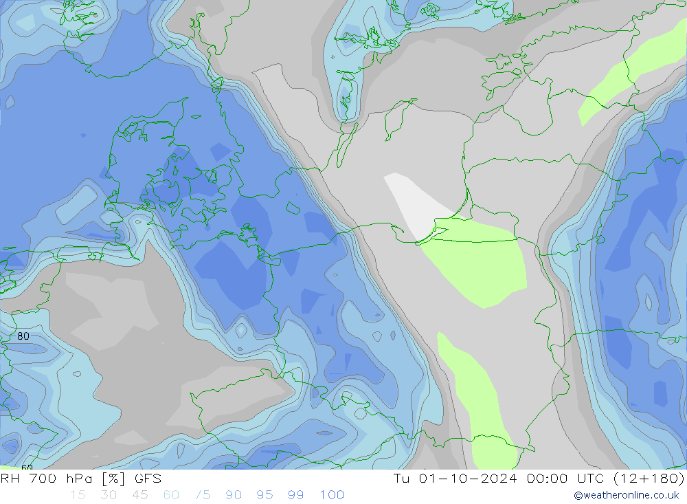 RH 700 гПа GFS вт 01.10.2024 00 UTC