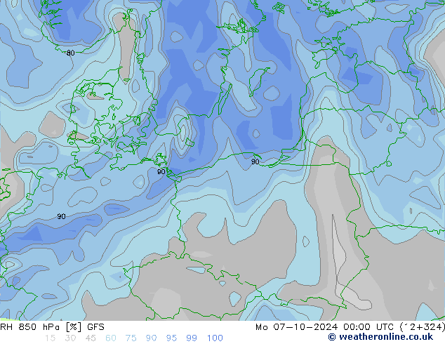 Humidité rel. 850 hPa GFS lun 07.10.2024 00 UTC