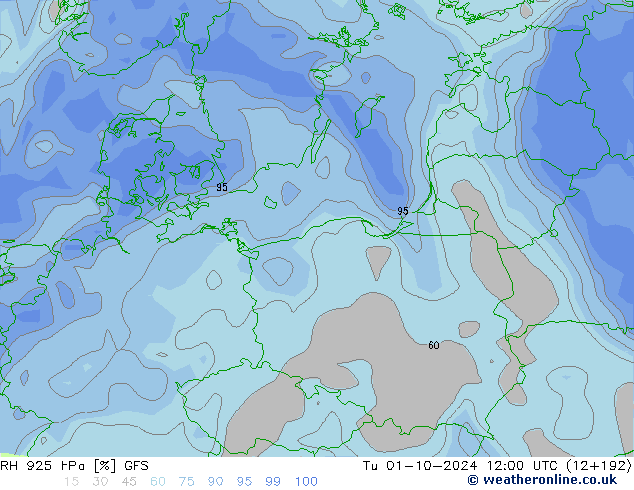 RH 925 hPa GFS Tu 01.10.2024 12 UTC