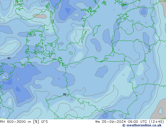 RH 600-3000 m GFS ср 25.09.2024 09 UTC