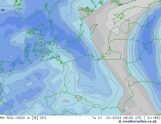 RH 600-3000 m GFS  01.10.2024 06 UTC