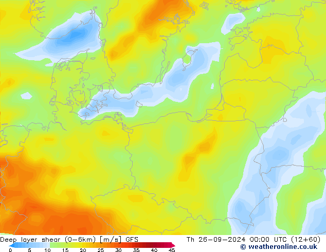 Deep layer shear (0-6km) GFS jeu 26.09.2024 00 UTC