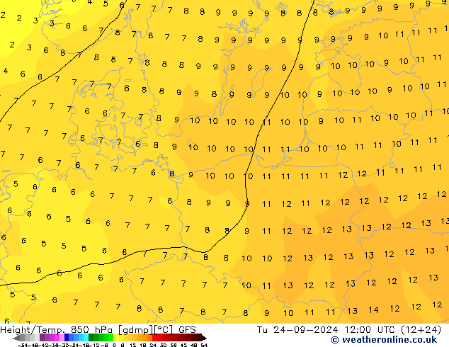 Height/Temp. 850 hPa GFS Tu 24.09.2024 12 UTC