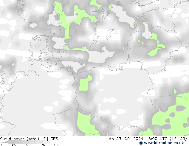 Cloud cover (total) GFS Mo 23.09.2024 15 UTC