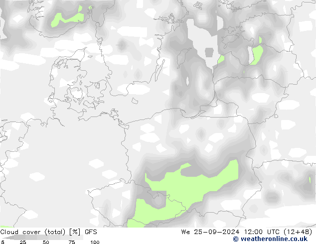 zachmurzenie (suma) GFS śro. 25.09.2024 12 UTC