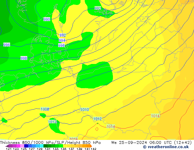 Dikte 850-1000 hPa GFS wo 25.09.2024 06 UTC