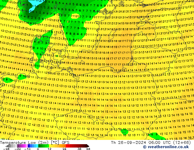 Temperatura mín. (2m) GFS jue 26.09.2024 06 UTC