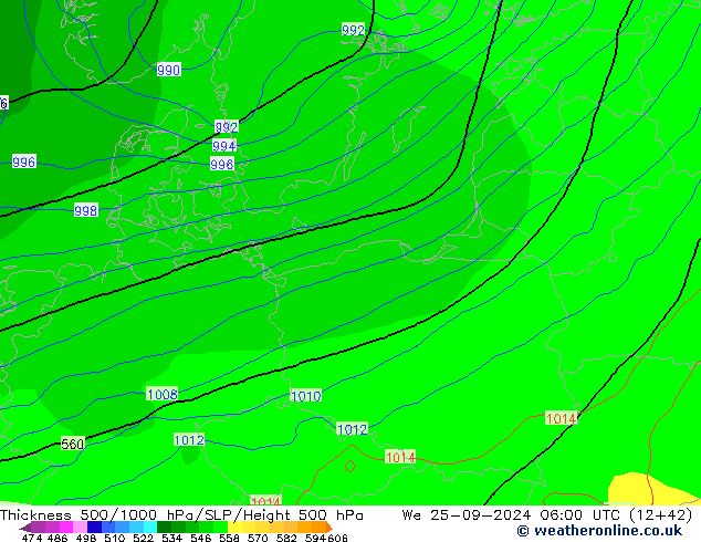 Schichtdicke 500-1000 hPa GFS Mi 25.09.2024 06 UTC