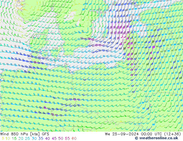 Wind 850 hPa GFS We 25.09.2024 00 UTC