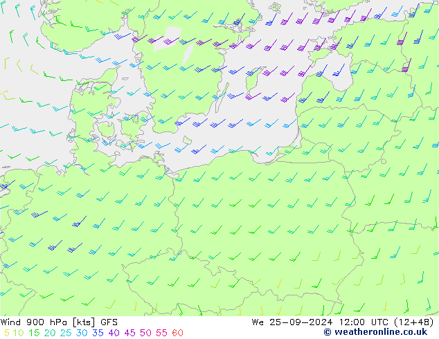 wiatr 900 hPa GFS śro. 25.09.2024 12 UTC