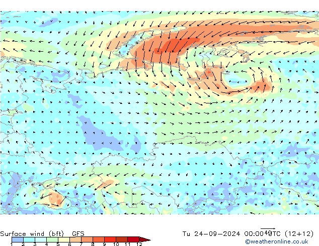 Surface wind (bft) GFS Tu 24.09.2024 00 UTC