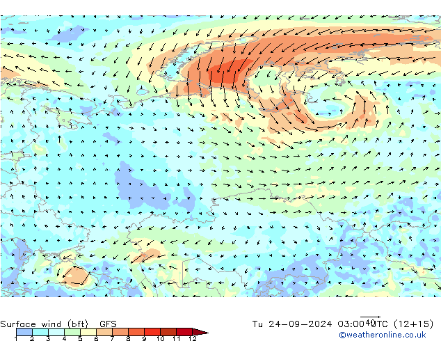 Bodenwind (bft) GFS Di 24.09.2024 03 UTC