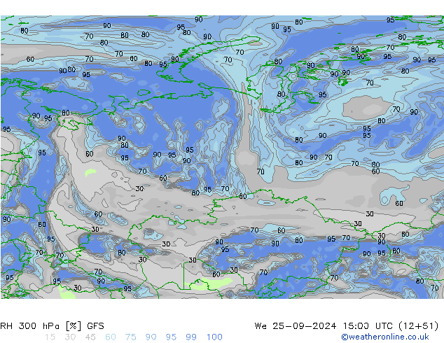 RH 300 hPa GFS śro. 25.09.2024 15 UTC