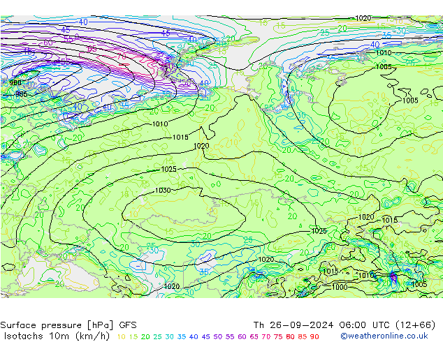 Isotachs (kph) GFS чт 26.09.2024 06 UTC