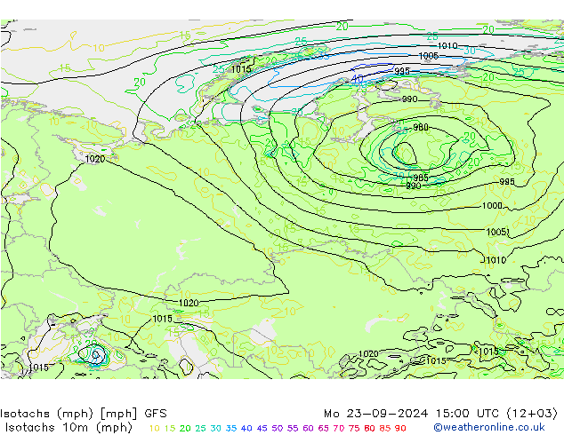 Isotachs (mph) GFS lun 23.09.2024 15 UTC