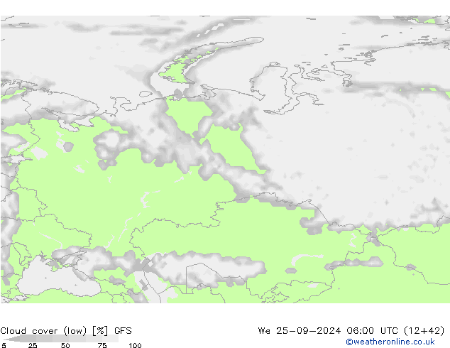 Cloud cover (low) GFS We 25.09.2024 06 UTC