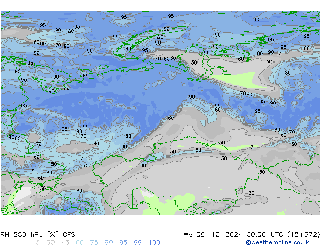 RH 850 гПа GFS ср 09.10.2024 00 UTC