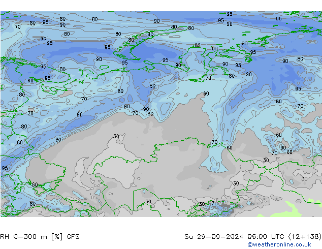 RH 0-300 m GFS Вс 29.09.2024 06 UTC