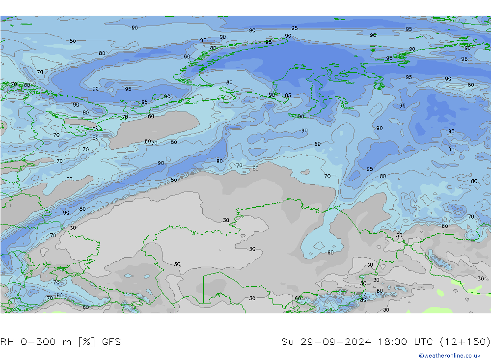 RH 0-300 m GFS Su 29.09.2024 18 UTC