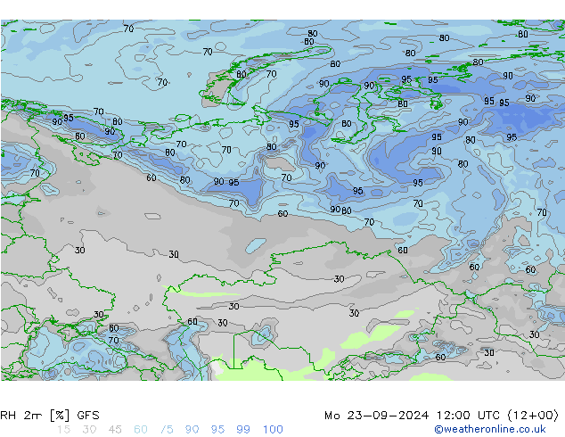 Humidité rel. 2m GFS lun 23.09.2024 12 UTC