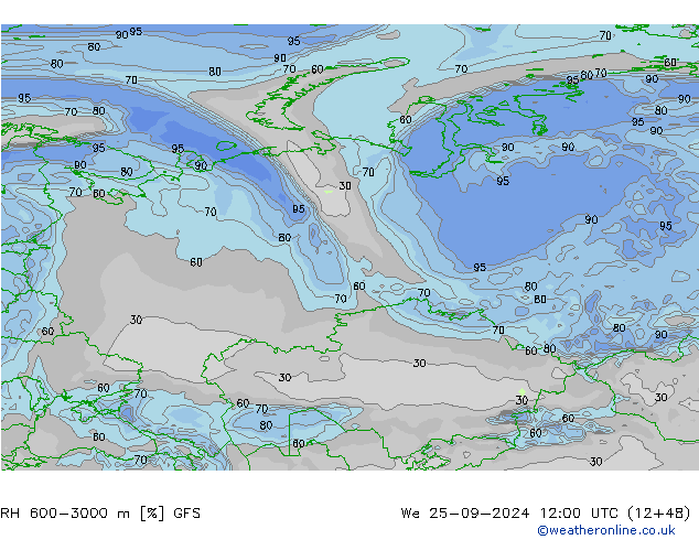 RH 600-3000 m GFS mer 25.09.2024 12 UTC