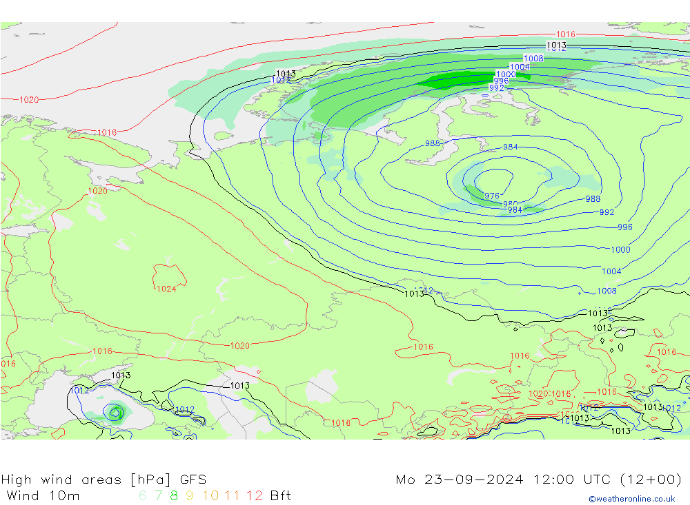 High wind areas GFS Mo 23.09.2024 12 UTC