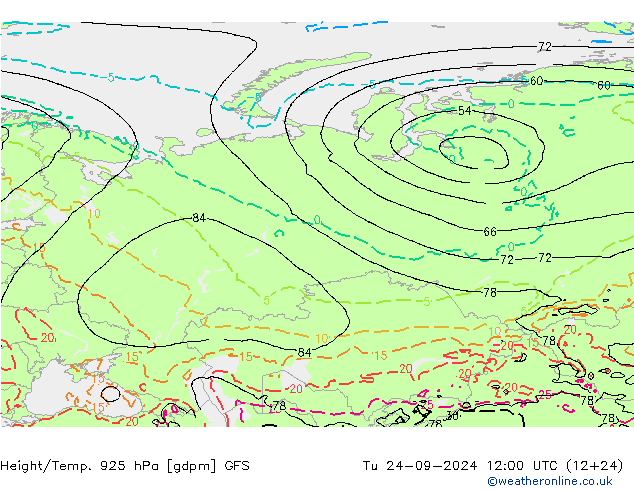 Height/Temp. 925 hPa GFS  24.09.2024 12 UTC