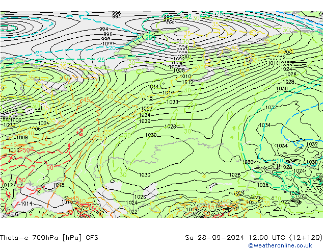 Theta-e 700hPa GFS sáb 28.09.2024 12 UTC