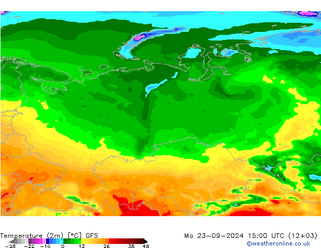 mapa temperatury (2m) GFS pon. 23.09.2024 15 UTC