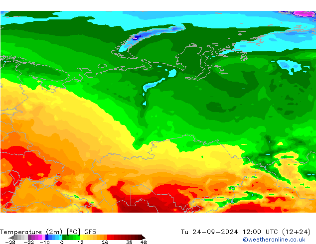 Temperatuurkaart (2m) GFS di 24.09.2024 12 UTC