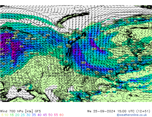 wiatr 700 hPa GFS śro. 25.09.2024 15 UTC