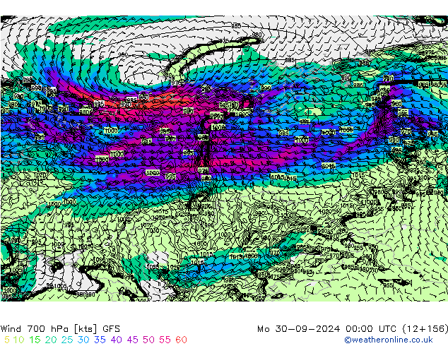 Wind 700 hPa GFS Mo 30.09.2024 00 UTC