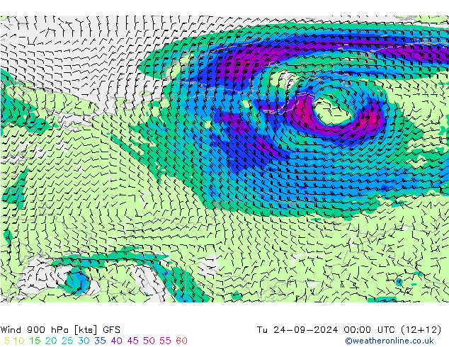 Wind 900 hPa GFS Tu 24.09.2024 00 UTC