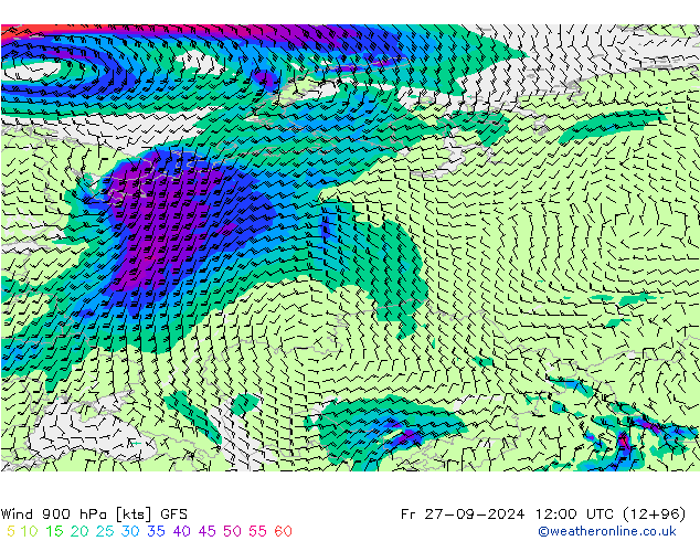 wiatr 900 hPa GFS pt. 27.09.2024 12 UTC