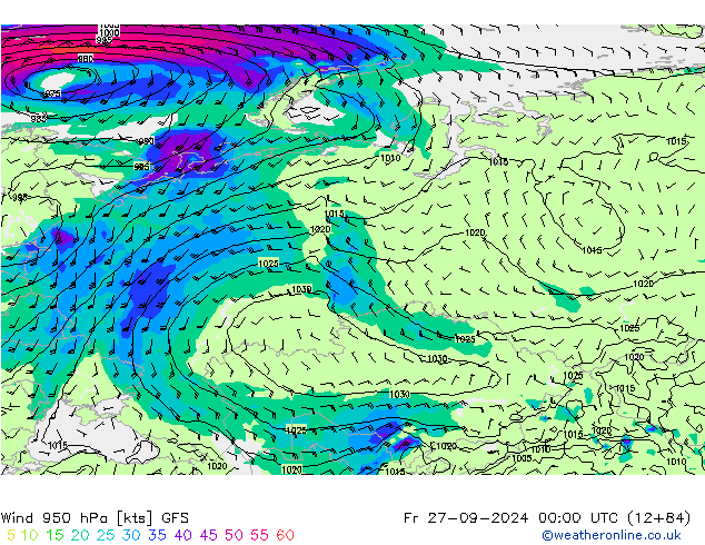 Wind 950 hPa GFS Fr 27.09.2024 00 UTC