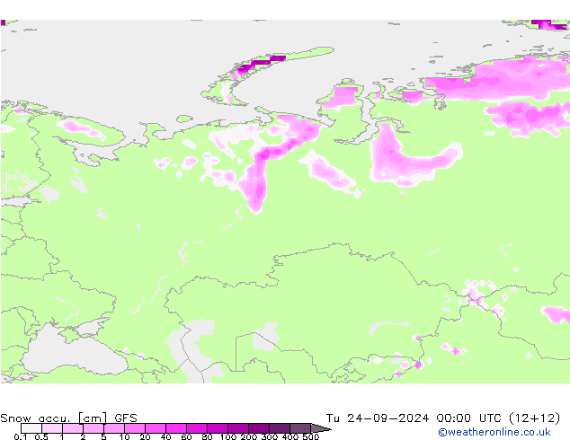 Глубина снега GFS вт 24.09.2024 00 UTC