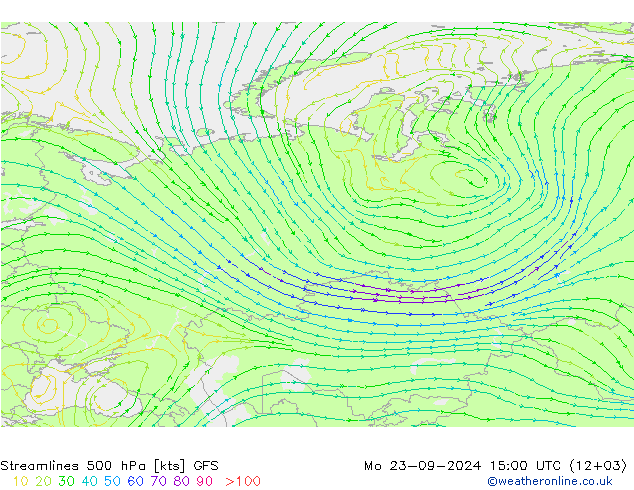 Linia prądu 500 hPa GFS pon. 23.09.2024 15 UTC