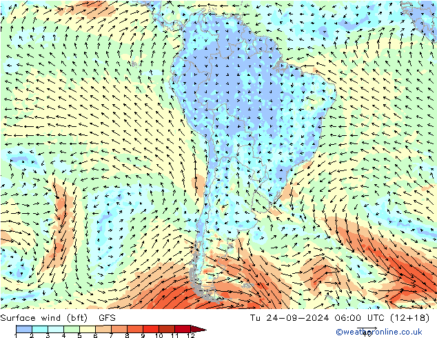 Surface wind (bft) GFS Út 24.09.2024 06 UTC