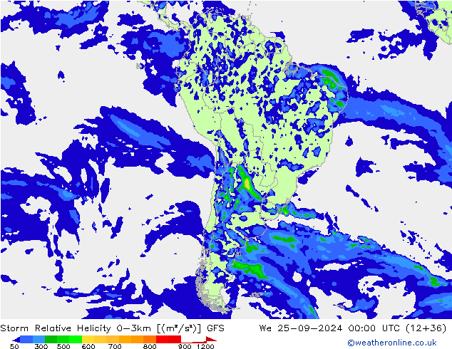 Storm Relative Helicity GFS Qua 25.09.2024 00 UTC