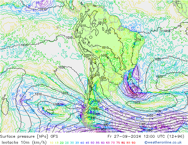 Isotachs (kph) GFS ven 27.09.2024 12 UTC