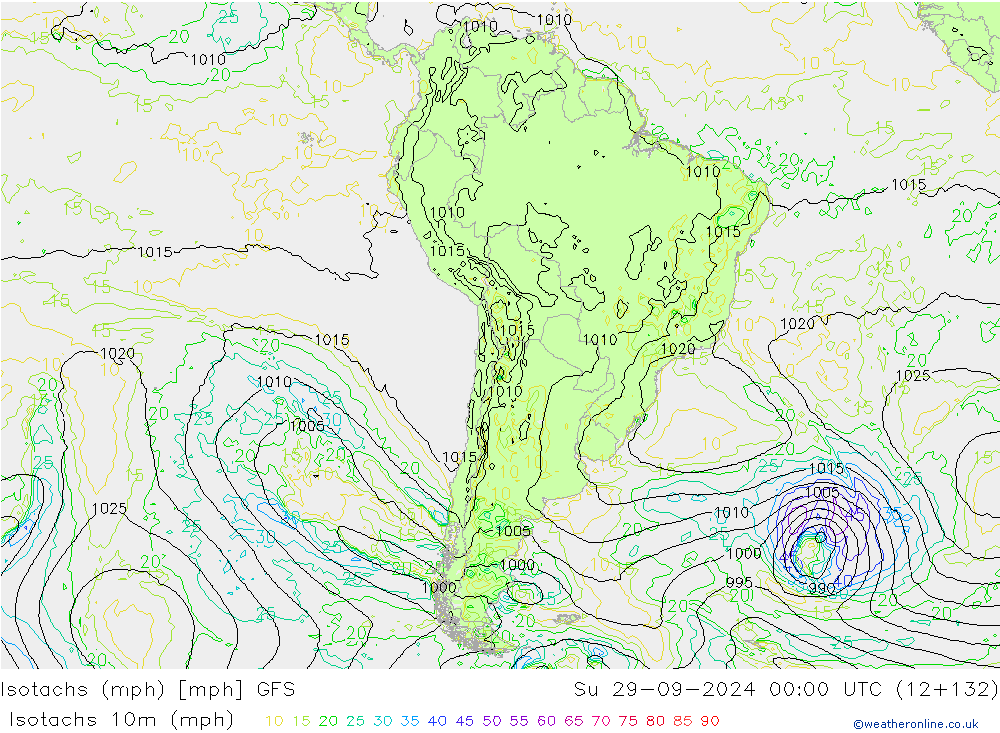 Isotachs (mph) GFS Su 29.09.2024 00 UTC