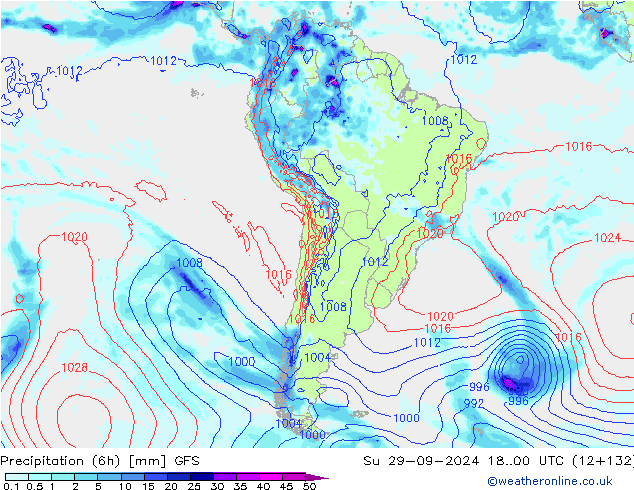 Precipitation (6h) GFS Su 29.09.2024 00 UTC