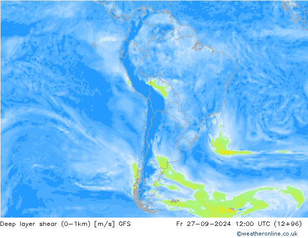 Deep layer shear (0-1km) GFS ven 27.09.2024 12 UTC