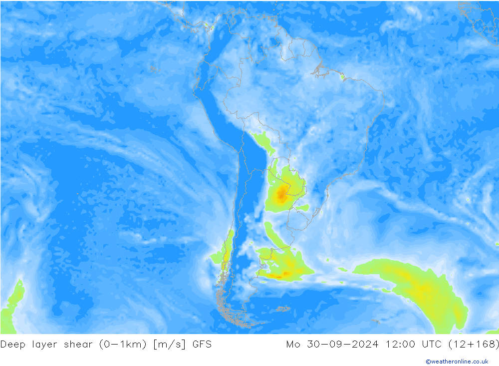 Deep layer shear (0-1km) GFS Pzt 30.09.2024 12 UTC