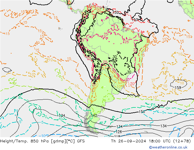 Height/Temp. 850 гПа GFS чт 26.09.2024 18 UTC