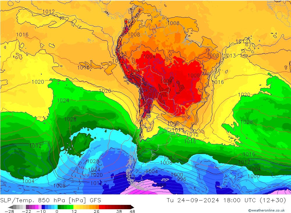 SLP/Temp. 850 hPa GFS Tu 24.09.2024 18 UTC