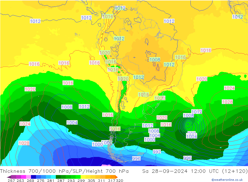 700-1000 hPa Kalınlığı GFS Cts 28.09.2024 12 UTC