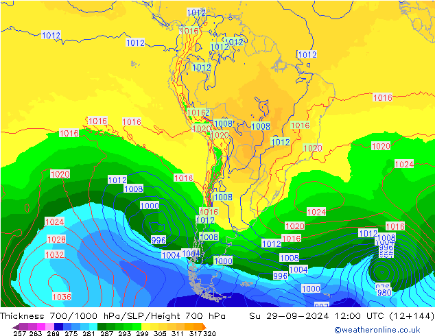 Thck 700-1000 hPa GFS  29.09.2024 12 UTC